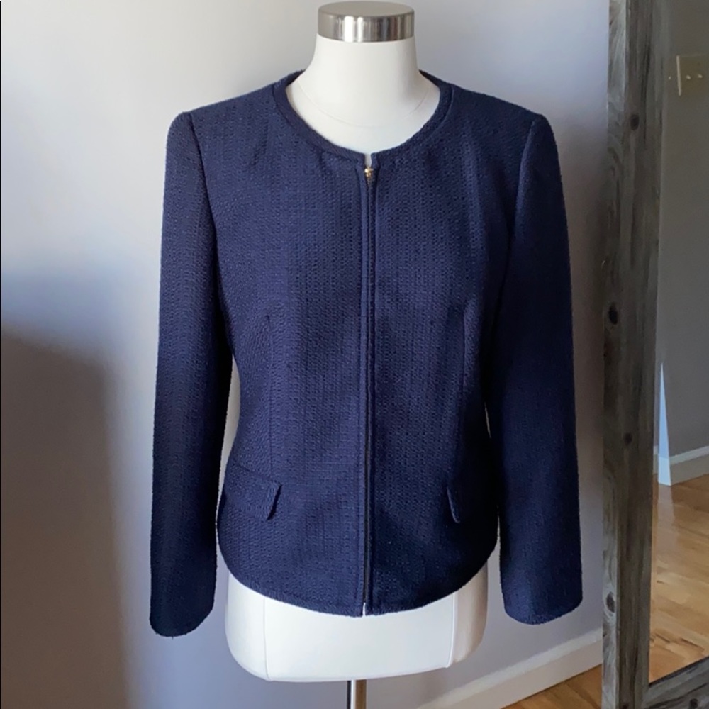 Talbots Navy Tweed Zip up Blazer